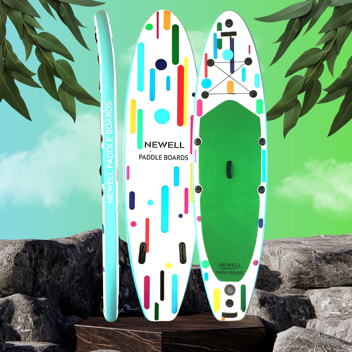 The 4 OH 3 paddleboard against a colorful background.